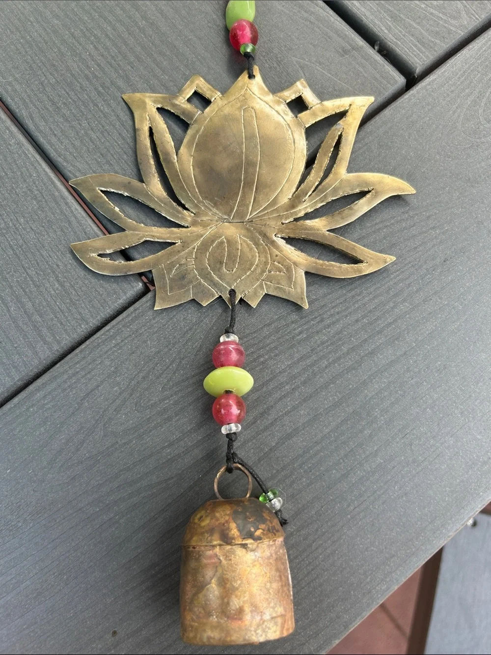 Brass Lotus Bell Wall Hanging with Red and Green Beads